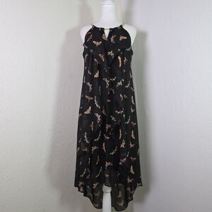 Thalia Sodi Womens Black Butterfly Print High Low Midi Dress Metallic Sheer Sz S